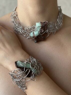 Handmade Wire Wrapped Gemstone Necklace & Cuff Bracelet Matching Set Jewelry EUC